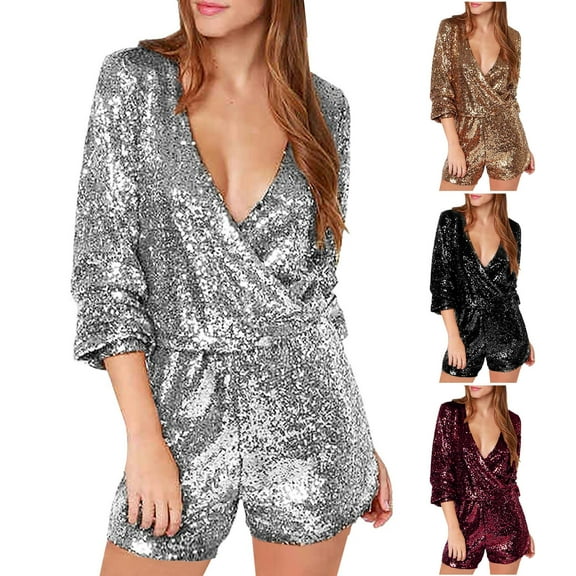 Pxkloy Women's Sequin Romper Party Clubwear Shiny Wrap V Neck Shorts Jumpsuit Glitter Sparkly Long Sleeve Disco Dance Outfit Silver,XL