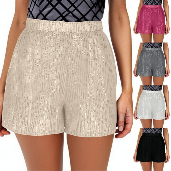Pxkloy Women's Sequins Shorts Elastic High Waist Summer Straight Leg Short Pants Solid Sparkly Glitter Club Party Shorts White,L