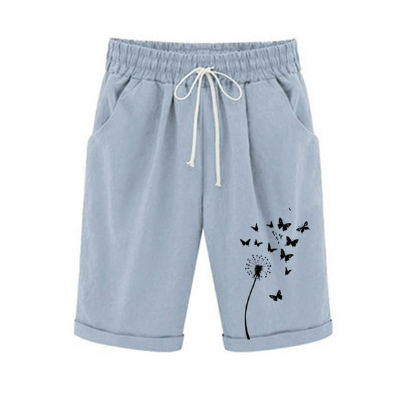 Pxkloy Women's Shorts Elastic Waist Knee Length High Waist Shorts Drawstring Dandelion Print Shorts Lounge Pockets Summer 2025 Shorts Light Blue,S