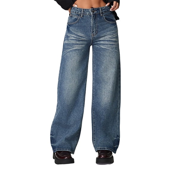 Pxkloy Women's Stretchy Denim Pants High Waisted Butt Lifting Flared Wide Leg Jeans Casual Loose Long Pockets Pants Blue,L