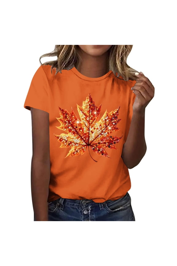 Women's Thanksgiving Shirts Sequin Maple Leaf Print Tshirt Short Sleeve Crew Neck Tops Casual Fall Summer Fashion Outfits 2025 Orange,XL