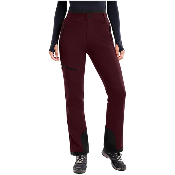 Pxkloy Women's Waterproof Snowboard Ski Pants Color Block Warm Trousers Fleece Lined Hiking Sport Pants with Pocket Wine,M