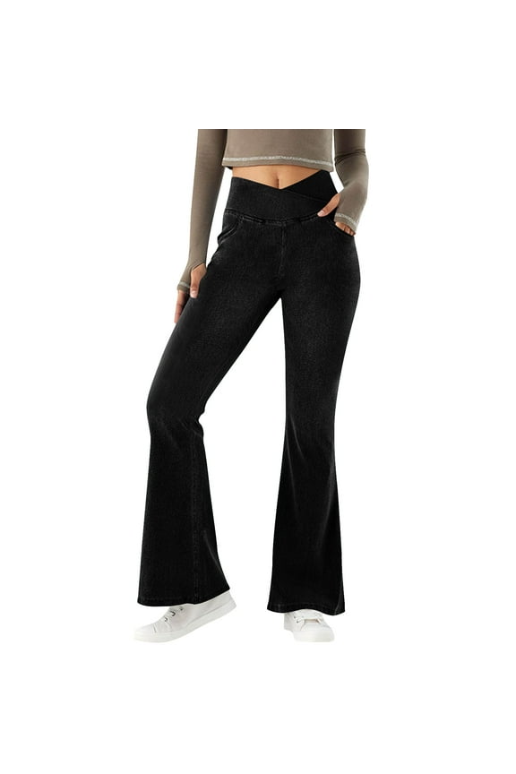 Womens Bell Bottom Flare Jeans High Waist Tummy Control Pants Butt Lifting Stretchy Yoga Leggings Pull on Crossover Jeggings Black,XL
