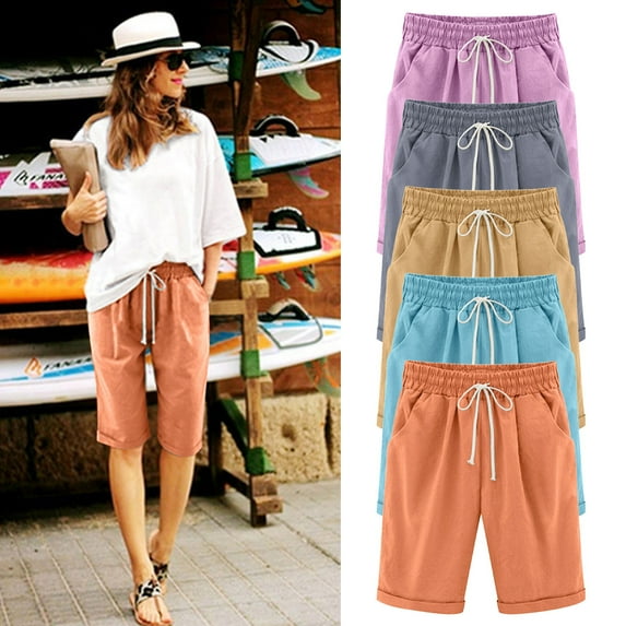 Pxkloy Womens Bermuda Shorts Cotton Linen Knee Length Shorts Loose Drawstring Elastic Waist Solid Color Summer Lounge Shorts with Pockets Blue,XXL