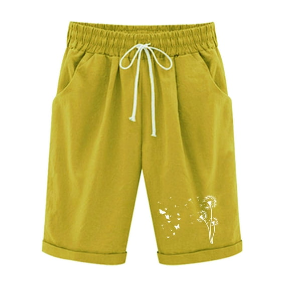 Pxkloy Womens Bermuda Shorts High Waist Drawstring Linen Shorts Knee Length Dandelion Print Shorts Casual Dressy Summer 2025 Shorts Yellow,XL