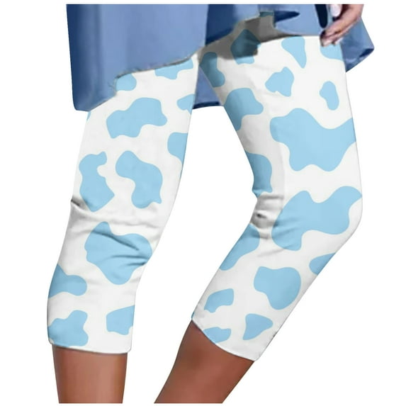 Pxkloy Womens Capri Leggings Cow Print,Rainbow Capri for Women 2024 High Waist Yoga Capris with Tummy Control Plus Size Workout Leggings Womens Elastic Cropped Pants Light Blue