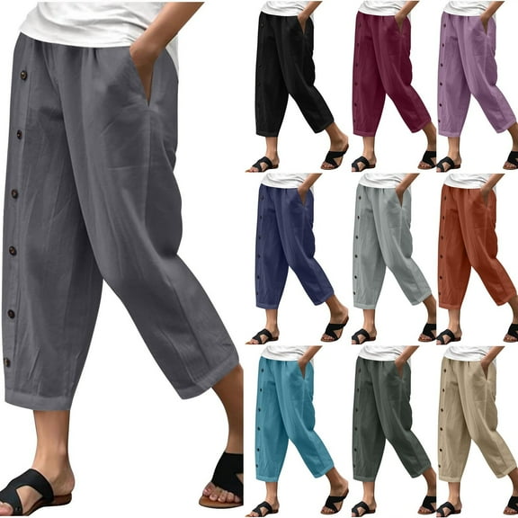 Pxkloy Womens Capri Pants Cotton Linen Cropped Trousers Summer Wide Leg Drawstring High Waist Palazzo Pants with Button and Pockets Army Green,S