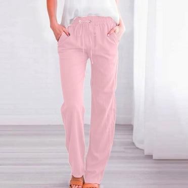 Pxkloy Womens Capris Pull on Pants,Cotton Linen Pants for Women Trendy 2024 High Waist Drawstring Cropped Pant Trousers Casual Summer Wide Leg Capris Pink,M