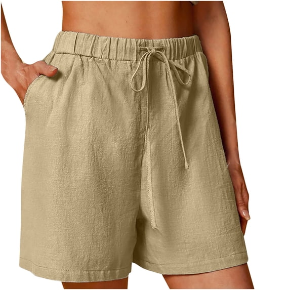 Pxkloy Womens Cotton Linen Shorts Drawstring Elastic High Waisted Solid Shorts 7 Inch Beach Vacation Pockets Outfits Khaki,XL