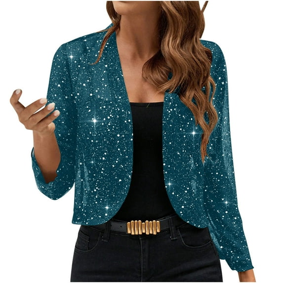 Pxkloy Womens Crop Sequin Jacket Mesh Lightweight Elegant Cardigan Fashion Glitter Blazer Shrugs for Evening Party 2025 Blue,L