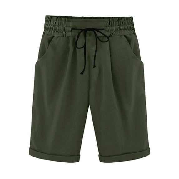 Pxkloy Womens Elastic Waist Shorts Cotton Linen Knee Length Shorts High Waist Drawstring Plain Shorts Lounge Comfy Summer 2025 Pockets Shorts Army Green,M