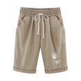 thumbnail image 1 of Pxkloy Womens Elastic Waist Shorts Cotton Linen Knee Length Shorts High Waist Drawstring Print Shorts Lounge Comfy Summer 2025 Pockets Shorts Khaki,XXL, 1 of 4