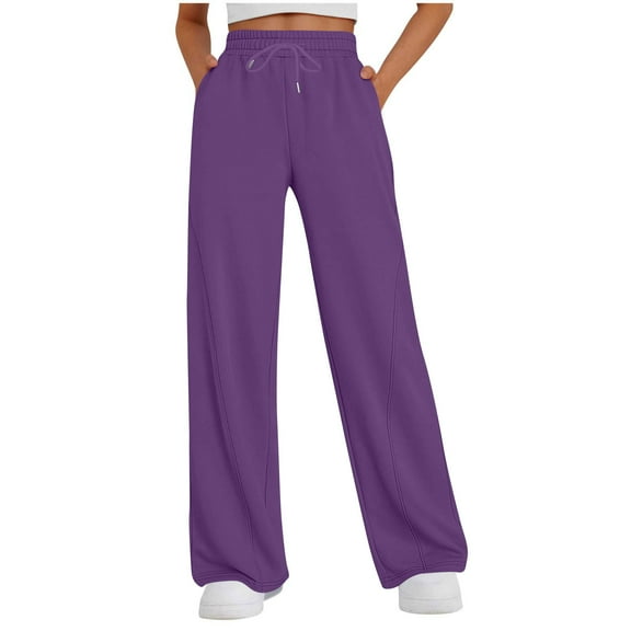 Pxkloy Womens Elastic Waist Sweatpants Drawstring Wide Leg Pants High Waist Casual Comfy Sweatpants Quilted Plain Pockets Pants Purple,M