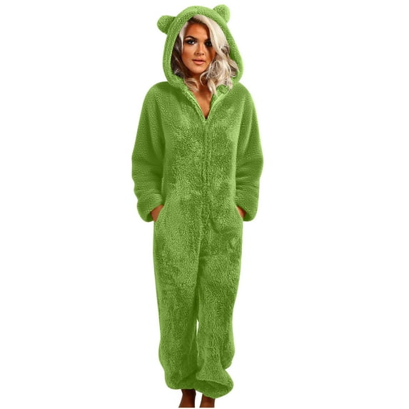 Pxkloy Womens Fleece Hoodie Jumpsuit Zipped Bear Ear Hooded Sleepwear Comfy One Piece Loungewear Pajamas Green,L