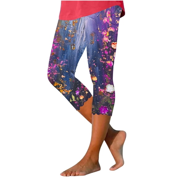 Pxkloy Womens Floral Capri Leggings,Capri Leggings for Women 2024 High Waisted Cutout Yoga Capris Lightweight Cozy Cropped Pants Solid Soft Lounge Pajams Pants Multicolor