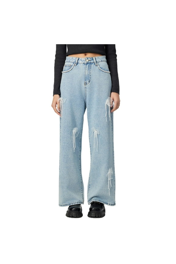 Womens High Waist Jeans Pearl Bow Butt Lifting Trousers Wide Leg Stretchy Denim Pants Casual Trendy Pants 2025 Blue,S