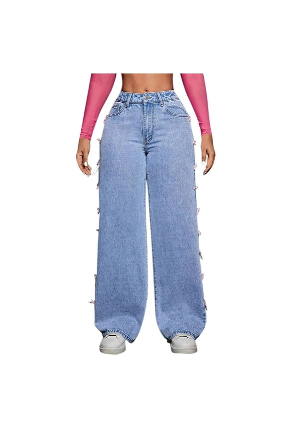Womens High Waist Jeans Ribbon Bow Butt Lifting Trousers Wide Leg Stretchy Denim Pants Casual Trendy Pants 2025 Light Blue,XS