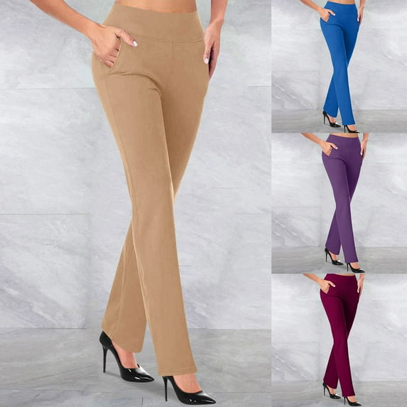 Pxkloy Womens High Waisted Bootcut Yoga Pants with Pockets Flared Bootleg Pants Solid Color Work Pants for Women 2025 Office Slacks Purple,L
