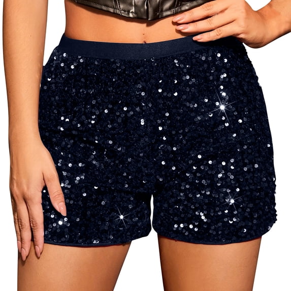 Pxkloy Womens High Waisted Rave Shorts With Pockets Sparkly Sequin Outfits Elastic Waist Straight Leg Clubwear Blue,M