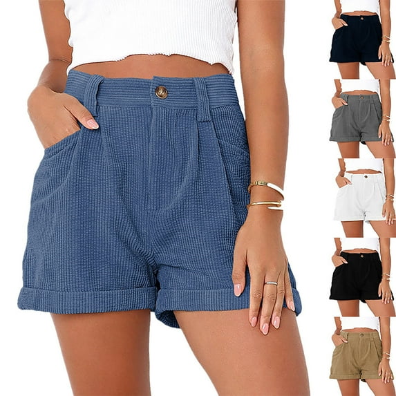 Pxkloy Womens High Waisted Shorts Summer Trendy Corduroy Lounge Short Casual Loose Fit Going Out Shorts with Pockets Khaki,M