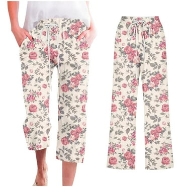 Pxkloy Womens Linen Capri Pants,Cotton Linen Capri Pants for Women Casual Summer Drawstring Elastic Waist Pants Straight Wide Leg Pants Clearance Sales Today Deals White