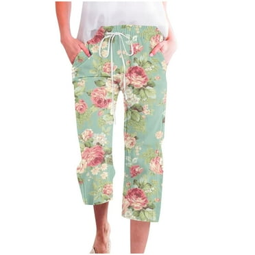 Pxkloy Womens Linen Capri Pants,Linen Capri Pants Women Summer Beach Casual Straight Leg Capri Pants Breathable Cropped Pants with Pockets Deals of The Day Clearance Green