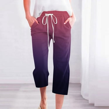 Pxkloy Womens Linen Capris Pull on,Cotton Linen Pants for Women Trendy 2024 High Waist Drawstring Cropped Pant Trousers Casual Summer Wide Leg Capris Purple,M