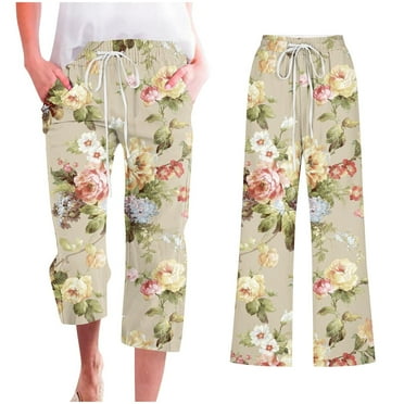 Pxkloy Womens Linen Capris for Summer,Capri Pants for Women Casual Summer Drawstring Elastic Waist Linen Straight Wide Leg Cropped Trouser Deals of The Day Clearance Khaki