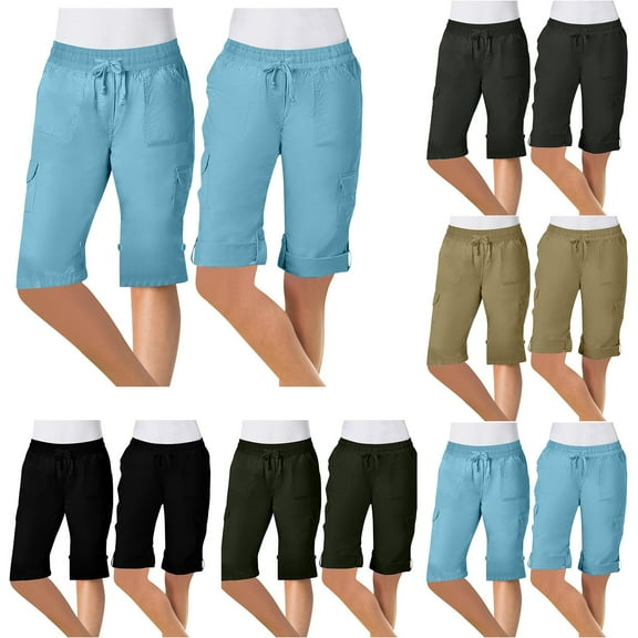 Pxkloy Womens Long Cargo Shorts 2025 Summer Casual Straight Leg Knee Length Short High Waisted Drawstring Bermuda Shorts Brown,M