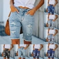 thumbnail image 1 of Pxkloy Womens Long Jean Shorts High Waisted Frayed Cut Off Bermuda Short Ripped Distressed Knee Length Stretch Denim Shorts Dark Blue,XL, 1 of 6
