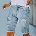thumbnail image 1 of Pxkloy Womens Long Jean Shorts High Waisted Frayed Cut Off Bermuda Short Ripped Distressed Knee Length Stretch Denim Shorts Light Blue,XL, 1 of 5