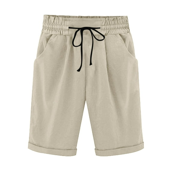 Pxkloy Womens Shorts Bermuda Walking Shorts Elastic Waist Drawstring Shorts Knee Length Linen Casual Shorts Solid Color Summer 2025 Shorts Khaki,S