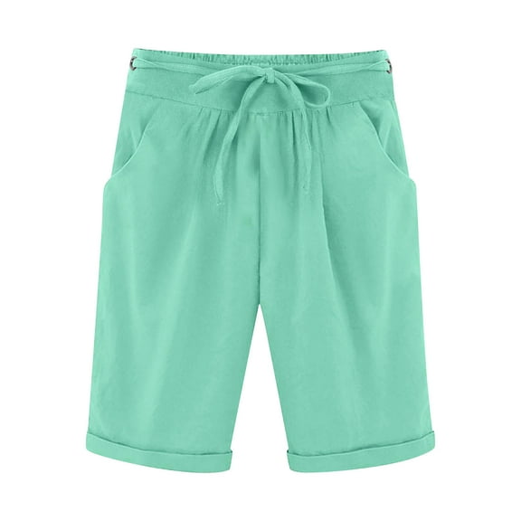 Pxkloy Womens Shorts Bermuda Walking Shorts Elastic Waist Drawstring Shorts Knee Length Linen Casual Shorts Solid Color Summer 2025 Shorts Mint Green,S