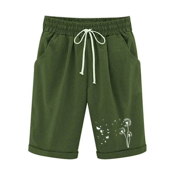 Pxkloy Womens Shorts Knee Length,Summer Bermuda Shorts for Women Dandelion Lounge Shorts Cotton Linen Casual High Waist Drawstring Long Shorts with Pockets Army Green,M