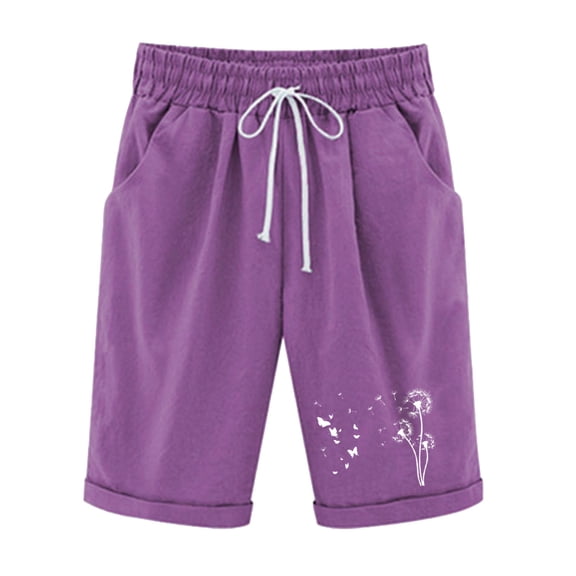 Pxkloy Womens Shorts Knee Length,Summer Bermuda Shorts for Women Dandelion Lounge Shorts Cotton Linen Casual High Waist Drawstring Long Shorts with Pockets Purple,XL