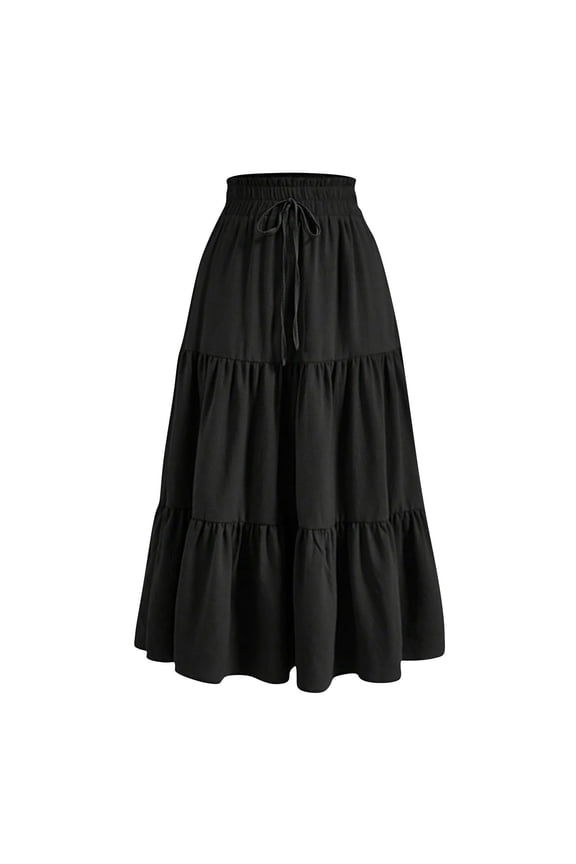 Womens Smocked Elastic Waist Skirt Plain Tiered A-Line Drawstring Clothes Flowy Swing Long Maxi Skirt 2026 Black,S