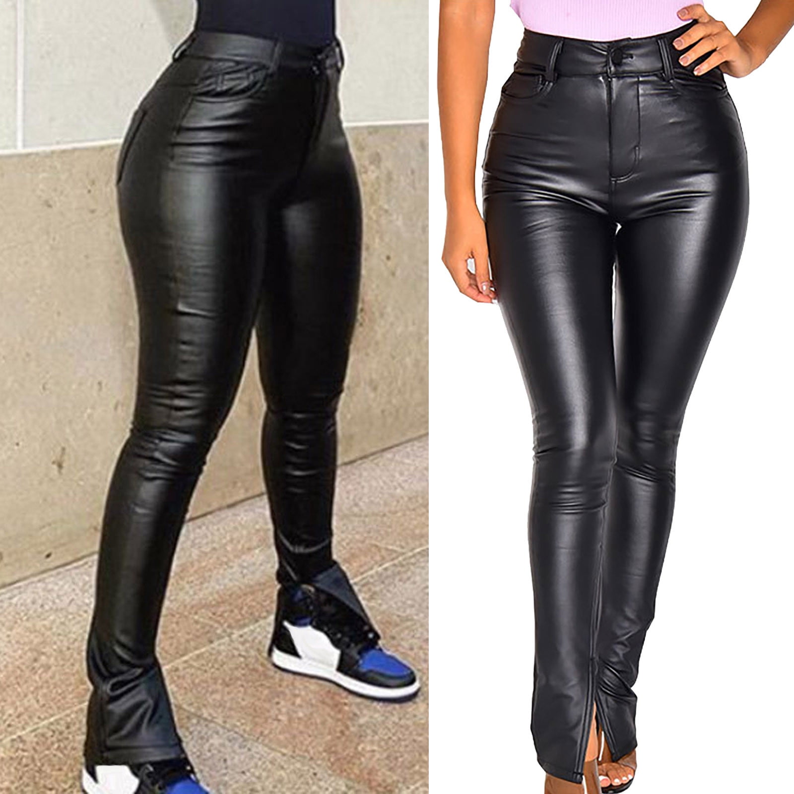 Pxkloy Womens Split Hem Faux Leather Leggings Workout High Waist Mini Flared Tights Casual Stretchy Pleather Pants Comfy Pu Workout Yoga Pants Clearance Black,S