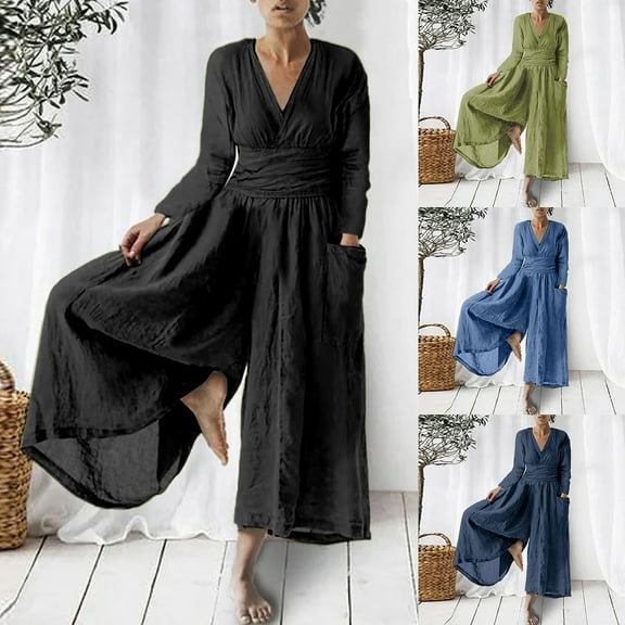 Pxkloy Womens Summer Beach Jumpsuits Casual V Neck Solid Color Overalls Comfy Loose Fit Baggy Linen Long Pants Rompers Clearance Black,M