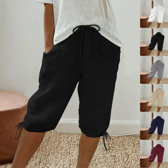 Pxkloy Womens Summer Shorts Casual Knee Length Bermuda Shorts High Waist Drawstring Cotton Linen Short Pants with Pockets Navy,L