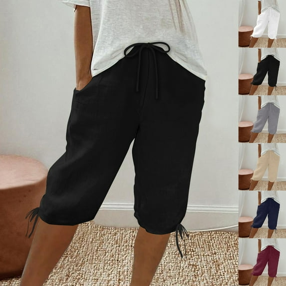 Pxkloy Womens Summer Shorts Casual Knee Length Bermuda Shorts High Waist Drawstring Cotton Linen Short Pants with Pockets White,XL