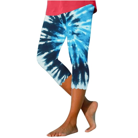 Pxkloy Womens Tie Dye Capri Leggings,Capri Pants for Women Rainbow Pattern Stretch Knee Length Leggings Casual Summer Workout Athletic Running Yoga Pants Multicolor
