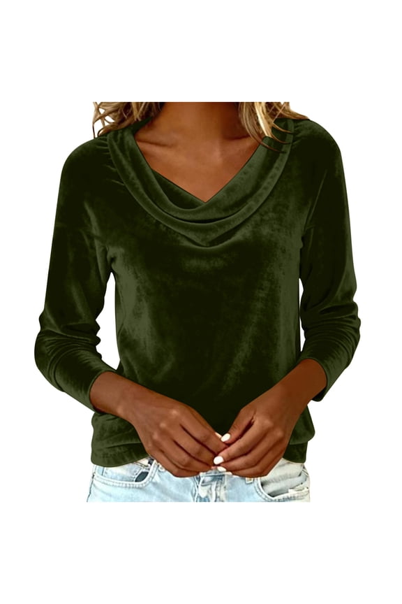 Womens Velvet Long Sleeve Top 2025 Fall Fashion Outfits Casual Trendy Solid Cowl Neck Shirts Elegant Loose Dressy Pullover Green,S