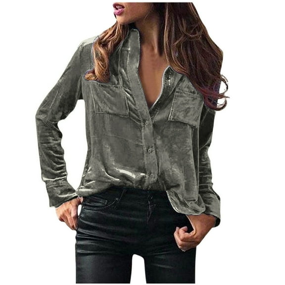 Pxkloy Womens Velvet Long Sleeve Top Vintage Solid Lapel Soft Blouses Button Up Pockets Shirts Casual Trendy Fall Fashion Outfits 2025 Gray,S