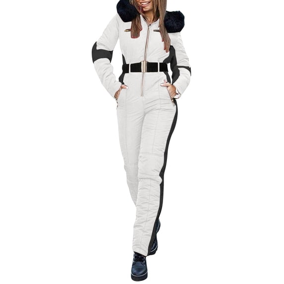 Pxkloy Womens Winter Onesies Ski Suit Jumpsuit Fashion Hooded Outdoor Sports Waterproof Snowsuit with Removable Faux Fur Collar 2025 White,M