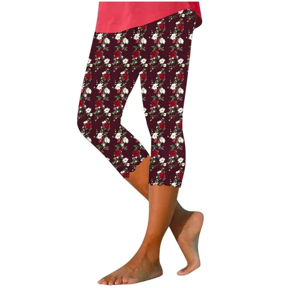 Pxkloy Workout Leggings Capri Women 2025 Summer Slim Fit Yoga Capris Pants Floral Print High Waist Cropped Trouser Tummy Control Knee Length Capris Wine,M
