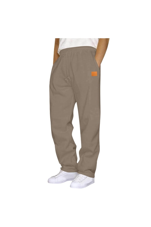 Workout Sweatpants for Men Straight Leg Drawstring Elastic Waist Pants Leather Label Solid Color Pants Athletic Gym Baggy Sweatpants Beige,M