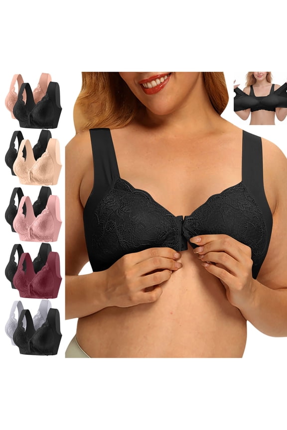 2 Pack Plus Size Lace Bras for Women Wireless Lift Bra Comfort Breathable Front Closure Everyday Bras for Big Breasts XXXXL Gray