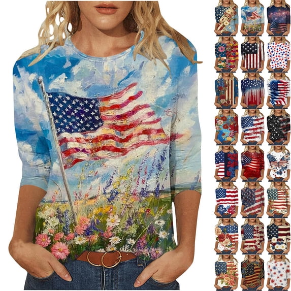 Pxxlle 250 Anniversary USA Shirts for Women Retro American Flag Graphic Tees Plus Size 3/4 Sleeve Crewneck Tshirt Independence Day Patriotic Tops S
