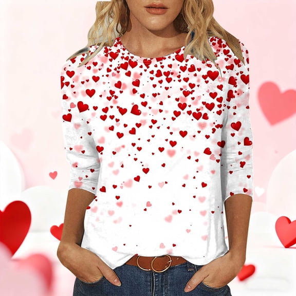 Pxxlle 3/4 Length Sleeve Shirts Women Plus Size Valentines Day Tops Loose Fitted Crew Neck Holiday Shirt Size XXXL