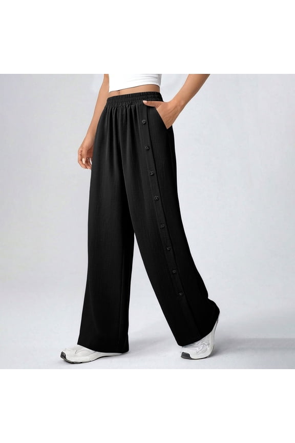 Black Pants for Women with Pockets Loose Fit Wide Leg Cotton Linen Pant Summer Solid Color High Waisted Trousers Black L